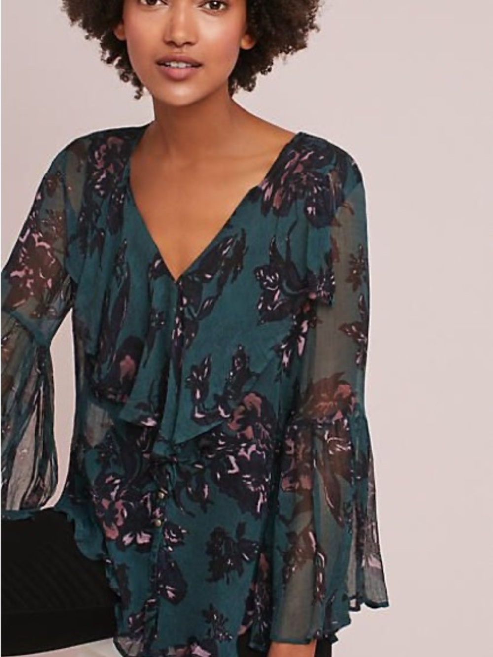 EUC Anthropologie Feather & Bone Sheer Floral V-Neck Bell Sleeve Top Size XXS